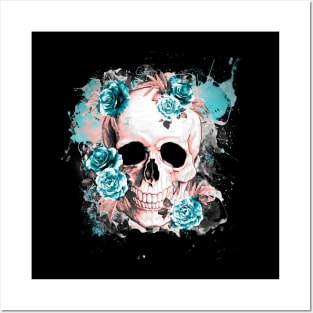 Floral Skull with turquese roses and leaves watercolor Posters and Art